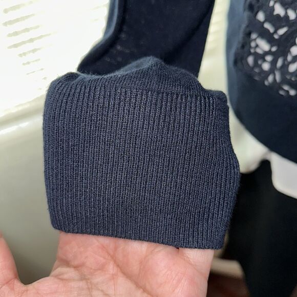 LOFT M Navy Blue Lace Crochet Button Front Knit Cardigan - Picture 5 of 12